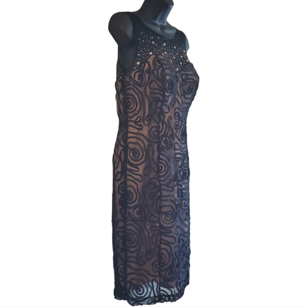 Ignite Evening Black and Tan Lined Dress With Beaded Illusion Neckline Size 10 - Picture 4 of 15